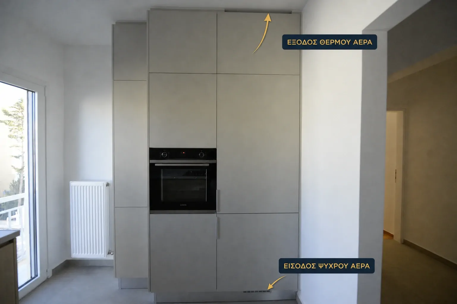 Κλειστή όψη εντοιχισμένου ψυγείου σε έργο Renovator με σημειωμένη είσοδο ψυχρού αέρα χαμηλά και έξοδο θερμού αέρα ψηλά