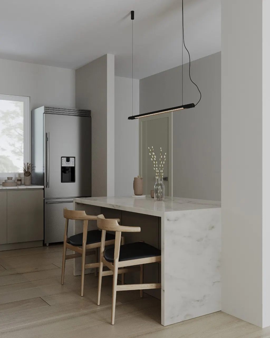 Λευκά brick tiles και φωτισμός LED σε αρχιτεκτονικό σχεδιασμό κουζίνας