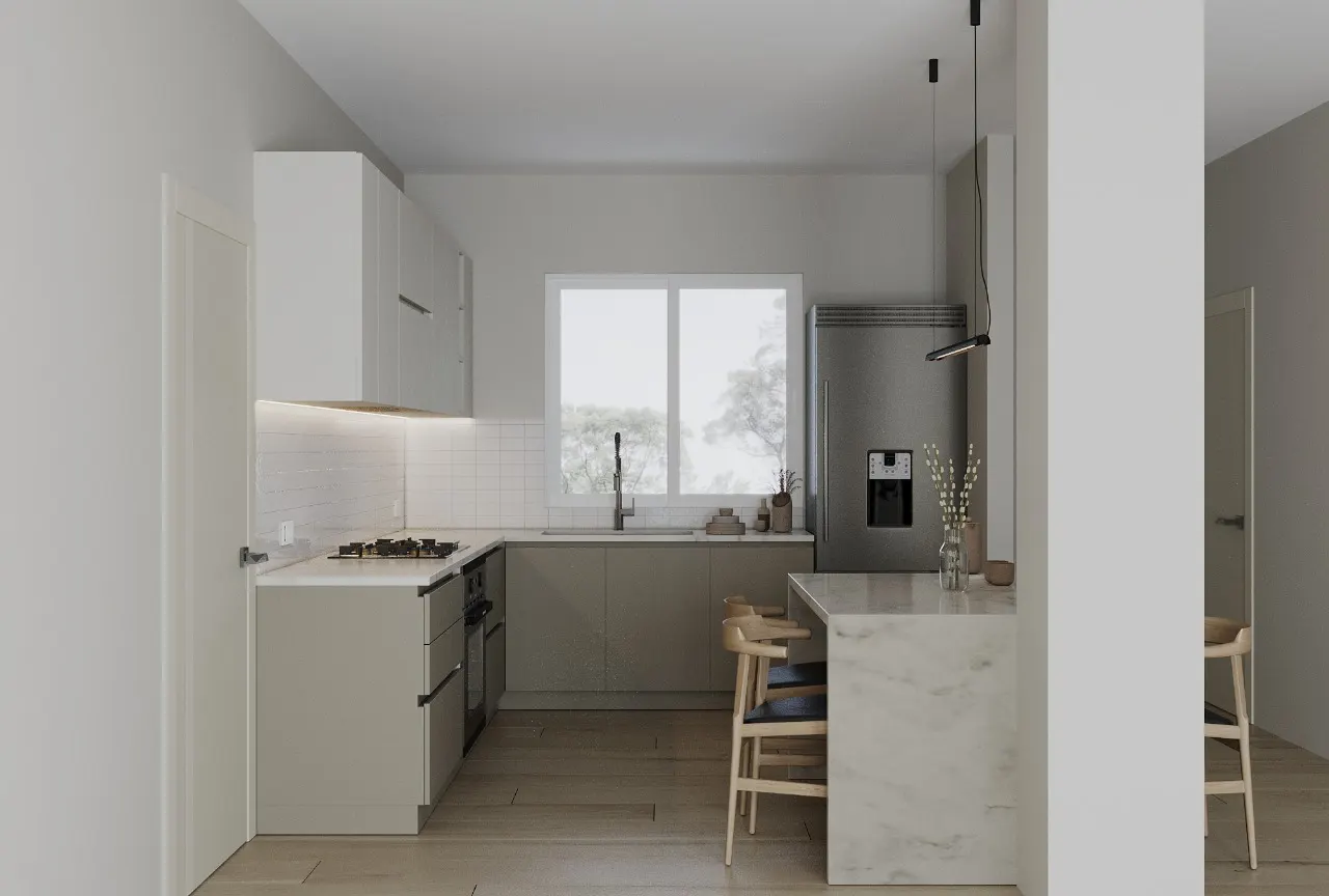 Interior design κουζίνας με peninsula, γραμμικά φωτιστικά και laminate δάπεδο