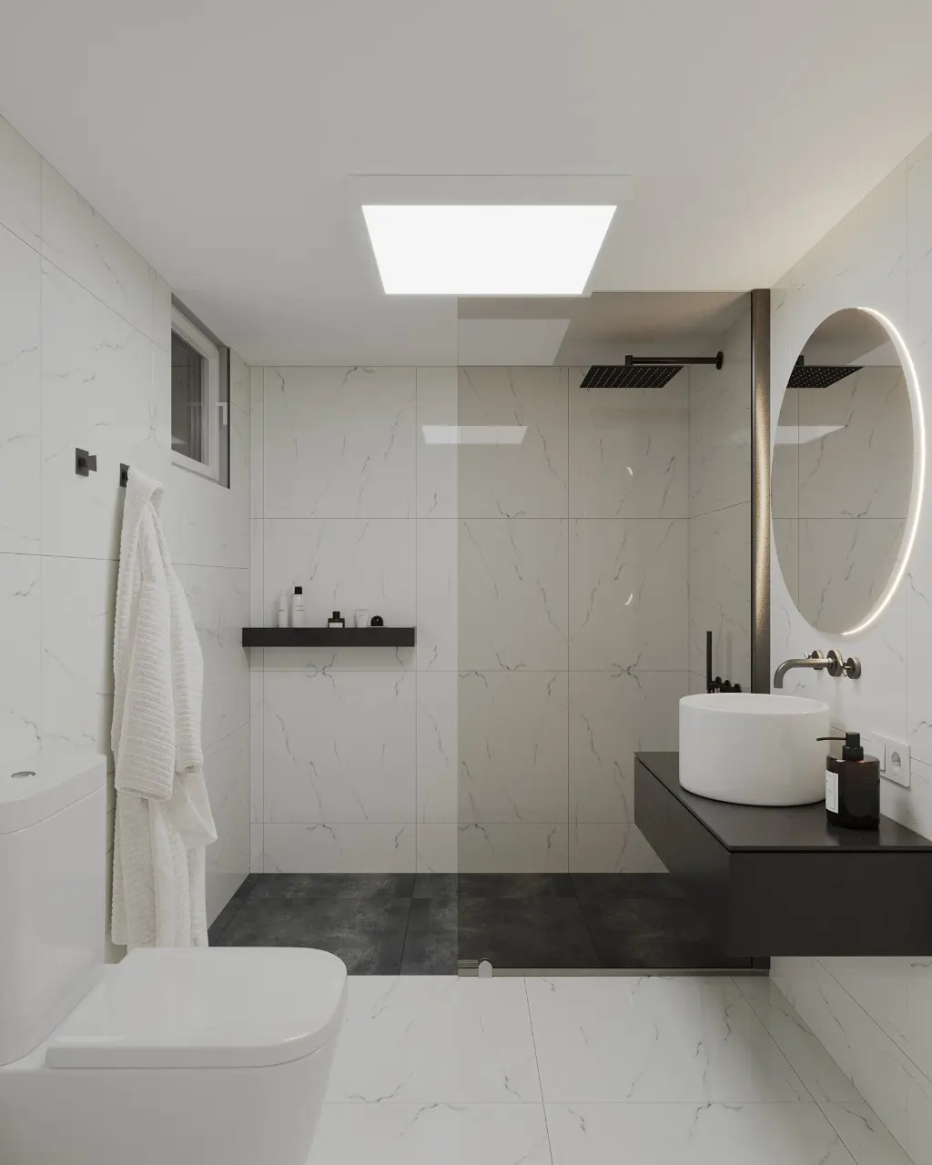 Σχεδιασμός walk-in ντους με πορσελανάτο δάπεδο και γραμμικό σιφόνι