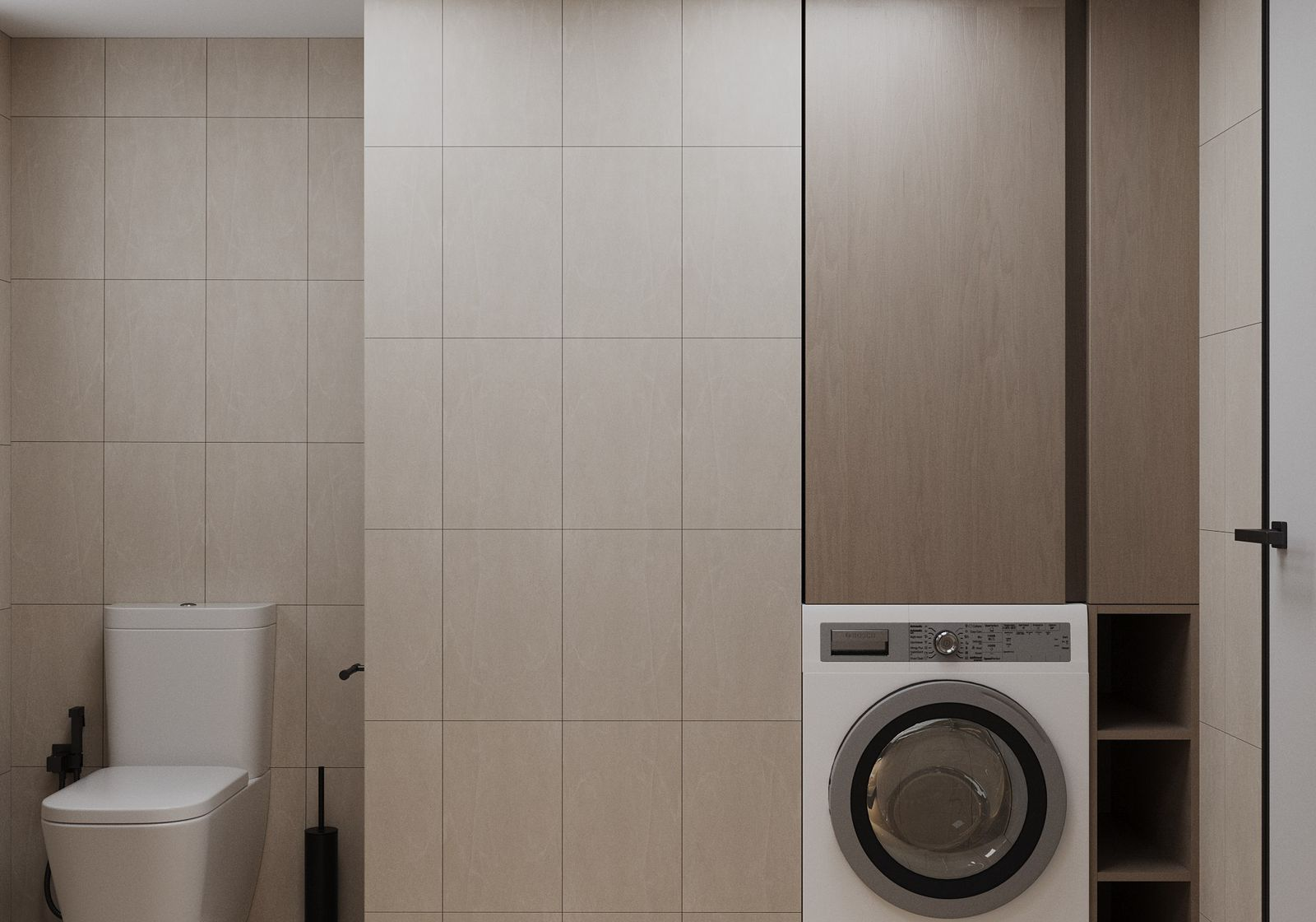 Interior design μπάνιου με μπεζ αποχρώσεις, πλυντήριο και κρυφή αποθήκευση
